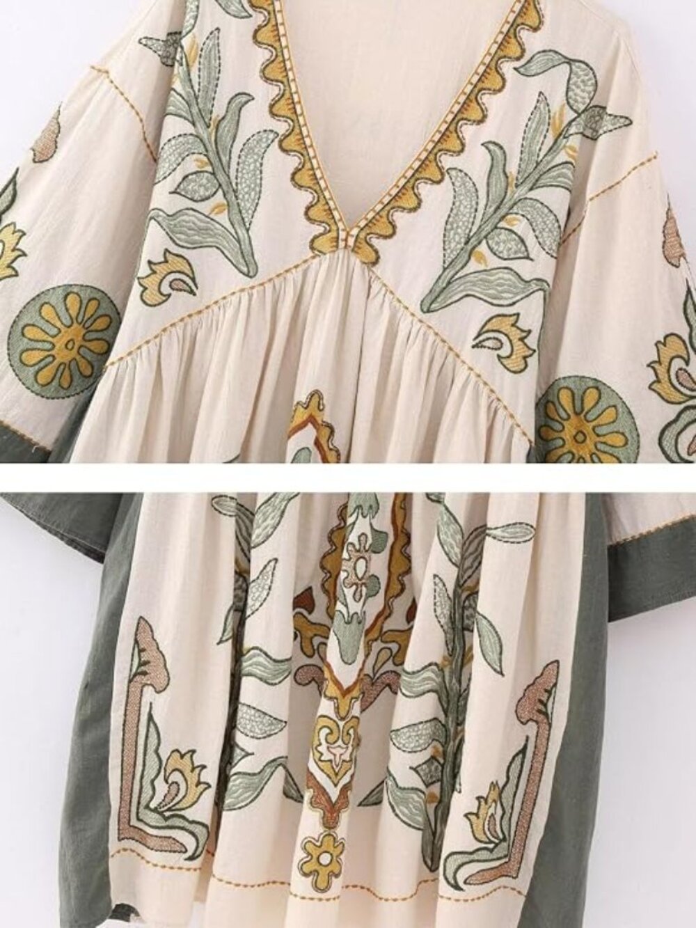Women's Vintage Embroidered Babydoll Dress Oversized V Neck Boho Tunic Mini - Picture 6 of 8